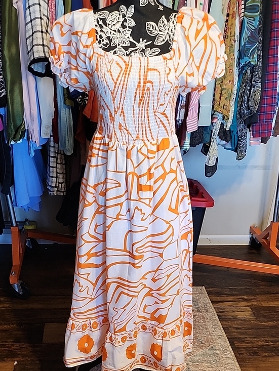 Lapogee Dresses & Skirts - Orange Floral-Print Puff Sleeve Smocked Midi Dress